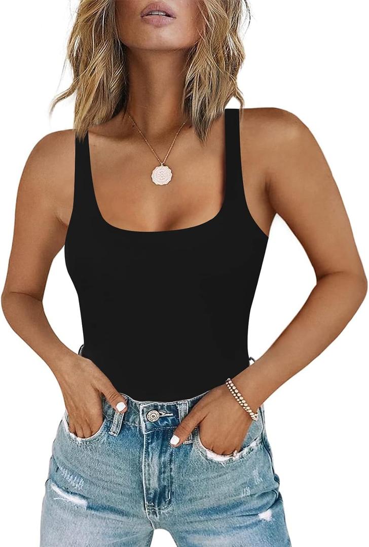 Chunpin Women's Square Neck Tank Bodysuit Sleeveless Tank Top Double Lined Body Suit Going Out Outfits Thong Bodysuits (Black, S)