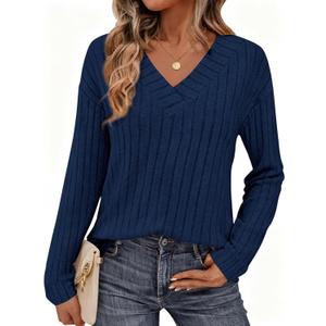 PRETTYGARDEN Fall Fashion 2026 Long Sleeve Shirts for Women Ribbed Knit V Neck Dressy Casual Lightweight Sweaters Tunic Tops (Blue, M)