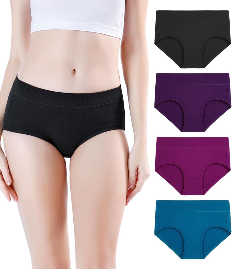 wirarpa Women's Underwear Cotton Mid Waisted Ladies Panties Full Coverage Briefs 4 Pack, Medium, Black/Purple/Red/Blue