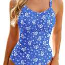 Century Star Tummy Control One Piece Swimsuit for Women Vintage Bathing Suits Ruched Swimwear (Large, Blue Floral Fragments)