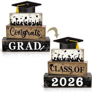 2026 Graduation Table Decorations Class of 2026 Senior Congrats Grad Tiered Tray Decor Wood Cap Block Signs Indoor College High School Party Tabletop Centerpiece for Tables Sign Home Shelf Office Desk