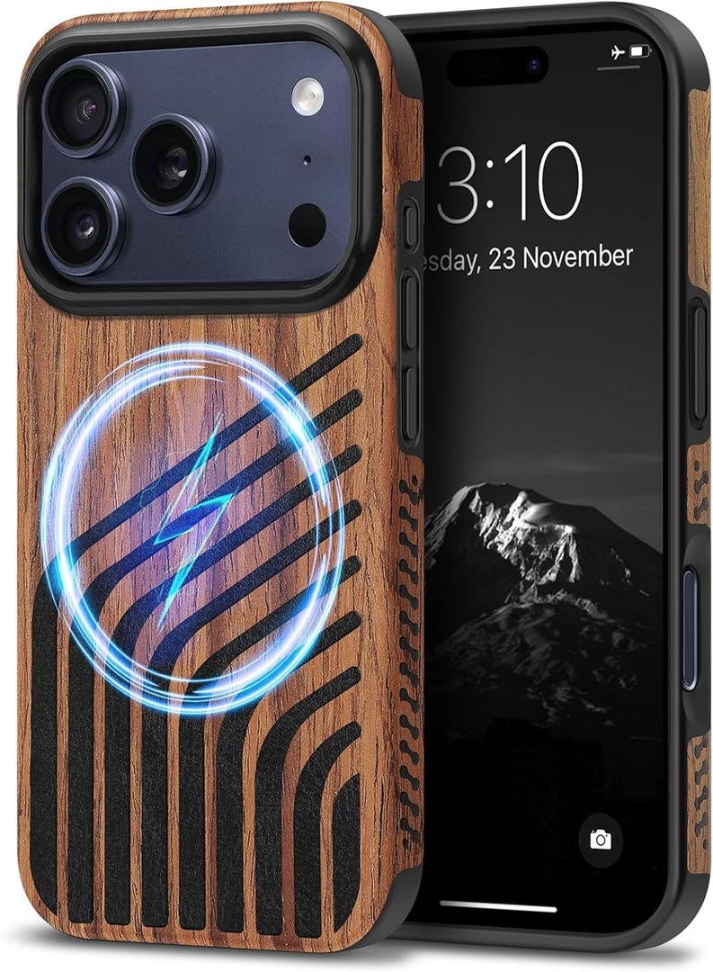 TENDLIN Magnetic Case Compatible with iPhone 17 Pro Max Case Wood Grain with Carbon Fiber Texture Design Leather Hybrid Slim Cover (Compatible with MagSafe) Hairline