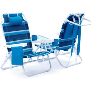 Beach Chair 2 Pack, 5 Positions Textilene Folding Reclining Beach Chair with Backpack Straps, Cooler Bag & Cup Holder for Outdoor Lawn Camping