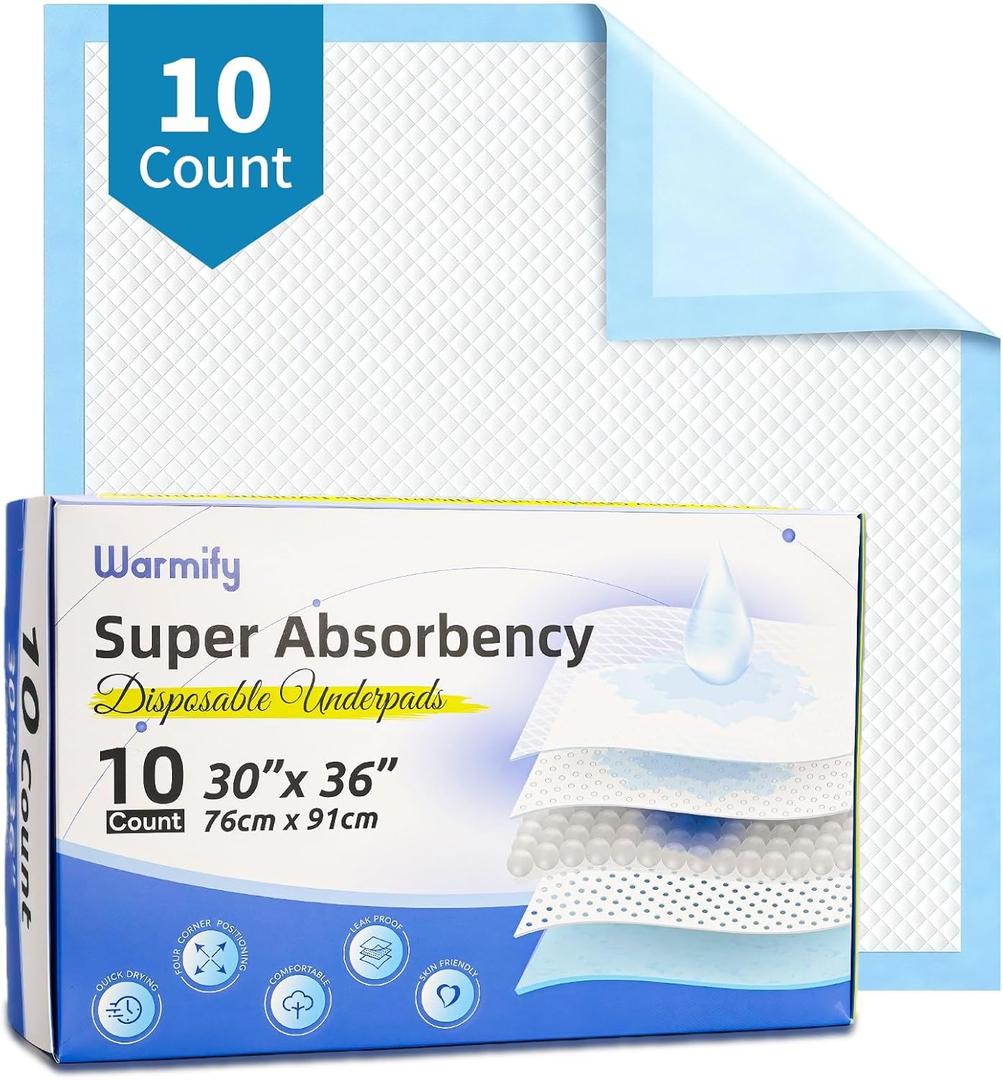 10 Count Disposable Bed Pads 30" x 36" for Adults, Kids & Pets  Super Absorbent Chucks Pads with Waterproof Backing, Leakproof Incontinence Underpads, Soft Non-Woven Top, Bed & Furniture Protection