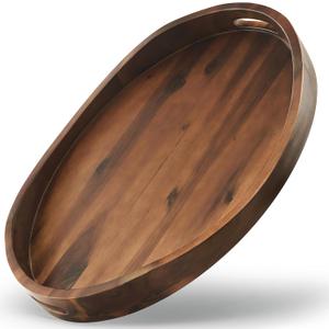 TIDITA Acacia Oval Wooden Serving Tray with Handles - 16.5" x 13" Ottoman Table Oval Wooden Tray - Round Serving Tray - Ottoman Tray for Living Room, Coffee Table Decor, Serving Platter, Walnut Color