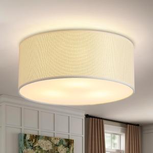 3-Light Semi Flush Mount Ceiling Light Fixture,Round Ceiling Light Fixture for Bedroom,12.6" Modern Close to Ceiling Light with Linen Fabric Drum Shade,Ceiling Lamps for Hallway Living Room (White)