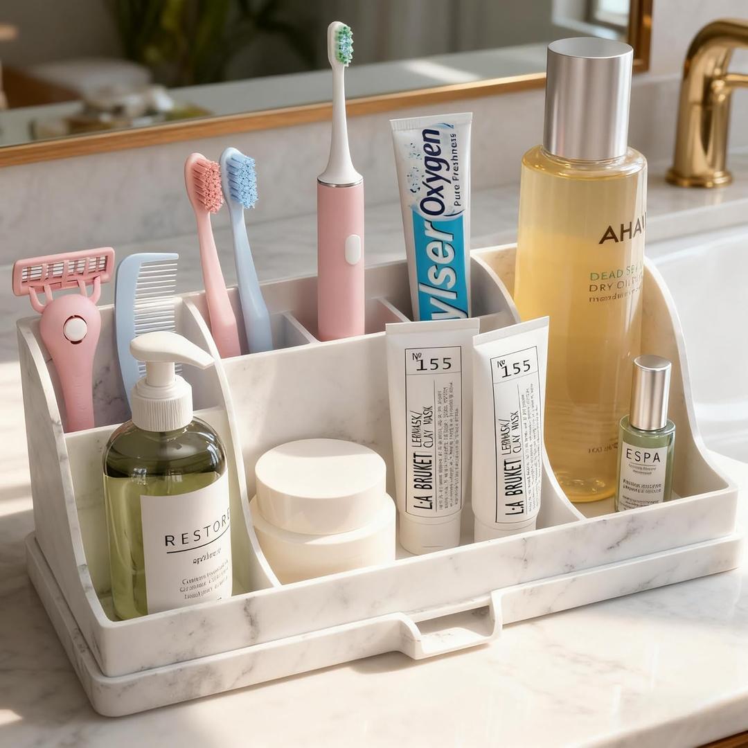 Large Size Silicone Tooth Brush Holder for Bathroom with Drainage, White Marble Toothbrush Holders, Easy Clean Bathroom Countertop Organizer Detachable Makeup Organizer for Vanity