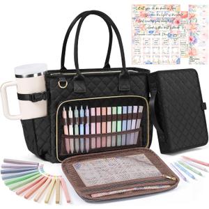 Large Bible Bag with Bible Cover Case for Women, Quilted Church Tote Bag Carrying Case w/Shoulder Strap Bible Study Supplies Journaling Kit Accessories Mothers Day Christian Gift for Women Mom Teacher, Black