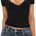 Women's Short Sleeve Sexy Lace Trim V-Neck Slim Fit Daily Basic Black Tees Spring Summer Going Out Casual Vacation Crop Tops Trendy Y2K Clothing (8638, XS, Black)