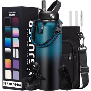 Vacuum Insulated Water Bottle 40oz - with Straw & Spout Lids, Paracord Handle, Shoulder Carrier Bag, Sport Stainless Steel, Double-Wall Metal Water Bottle Thermo Hydro Mug Flask (Indigo Black Gradient)
