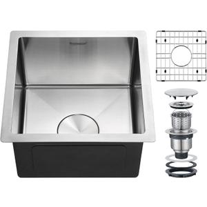 15x15 Inch Bar Sink Undermount, 18 Gauge Stainless Steel Small Kitchen Sink, Handmade Single Bowl Wet Bar Sinks with Rinse Grid (Brushed)