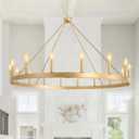 48" Large Gold Wagon Wheel Chandelier, 16-Light Modern Farmhouse Light Fixture for High Ceiling, Kitchen Island, Dining Room, Living Room, Entryway, Rustic Industrial Round Pendant Lighting