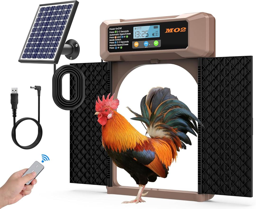 Solar-Powered Automatic Chicken Coop Door with LCD Screen - 4 Open Modes (Timer, Light Sensor, Remote, Manual) - Rechargeable Double-Direction Electric Poultry Door for Secure & Convenient Coop Access (Black)