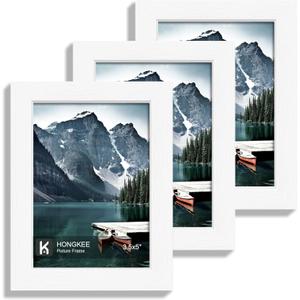 Hongkee 3.5x5 Picture Frame Set of 3 - Made of Real Glass and White Wooden Frame, 3.5 by 5 small Photo for Wall or Tabletop Display