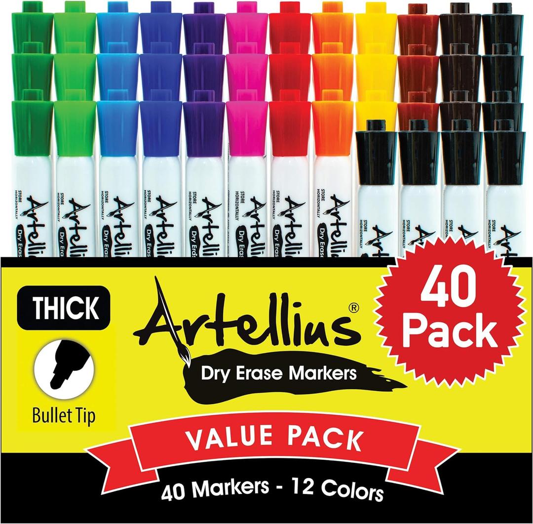 Artellius Dry Erase Markers Bulk - 40-Pack Assorted Colors - Thick Barrel Design & Low Odor Ink - Washable & Kid Friendly Whiteboard Markers for School Supplies & Classroom Use - Teacher Supplies