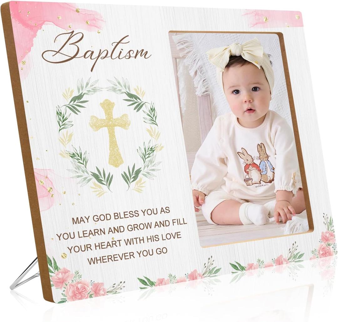 Baptism Picture Frame Gifts,Baptism Gifts for Girls,Christening Baby Gift for Boys from Godparents Friends Family,Pink Flower Wood Picture Frame(4x6-Vertical)
