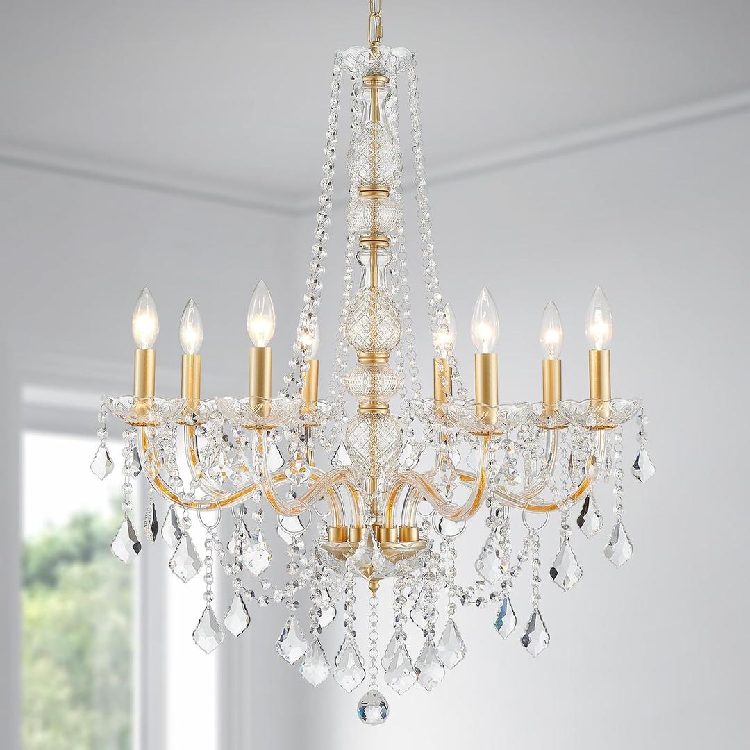 WUZUPS 8-Light Crystal Candle Chandelier Pendant Ceiling Light Modern Lighting Fixture for Bedroom Hallway Bar Kitchen Bathroom, H 35.4" W 27.6", E12 Base, Gold
