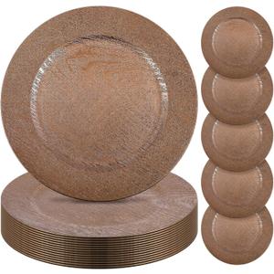 Mifoci 12 Pcs Faux Wooden Charger Plates 13 Inch Round Rustic Plastic Plates Antique Design Bulk Decorative Chargers for Dinner Tray for Wedding Dinner Table Farmhouse Party Event (Brown)