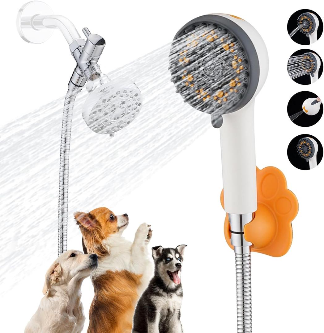 Dog 8.2Ft Shower Attachment to Shower Head Washing, High Pressure& Face Care Pet Wash Cleaning Sprayer with Bath Brush, Adhesive Shower Holder, Indoor (White-Black)
