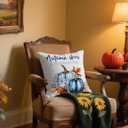 Fall Throw Pillow Cover 18x18 Inch  White Linen Autumn Cushion Cover with Blue Pumpkins and Orange Leaves  Double-Sided Print, Farmhouse Thanksgiving Pillowcase for Sofa Couch Bed