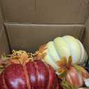 2Pcs 14" Large Stacked Pumpkin Tower Decor, Light Yellow & Orange Hard Foam Artificial Pumpkin Topiaries with Maple Leaves Wheat, Fall Ornament for Halloween Thanksgiving Table Porch Decor