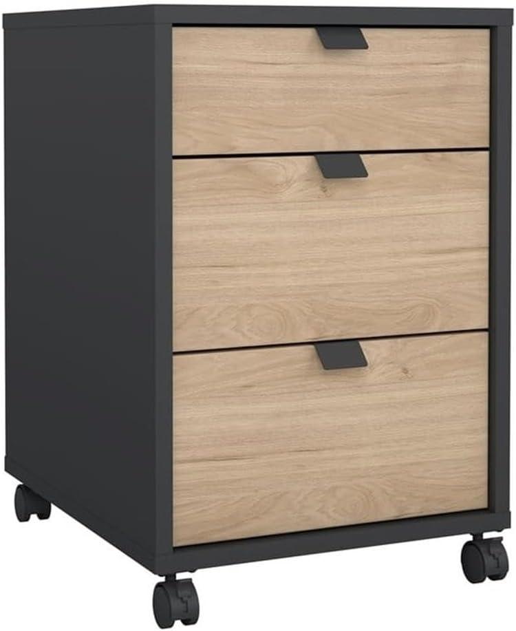 Pemberly Row Mobile Cabinet with 3 Drawers in Matte Grey and Jackson Hickory