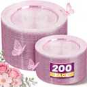 WDF 200PCS Pink Plastic Plates - Rose Gold Glitter Plastic Plates - Heavy Duty Pink Glitter Disposable Plates for Wedding Baby Shower Spring Birthday Mother's Day