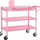 NTE Utility Cart with Wheels, 990lbs Capacity Metal 3 Tier Rolling Carts, NSF Kitchen Carts On Wheels with Storage, Heavy Duty Utility Cart with Handle & Wire Shelf for Indoor & Outdoor Use, Pink