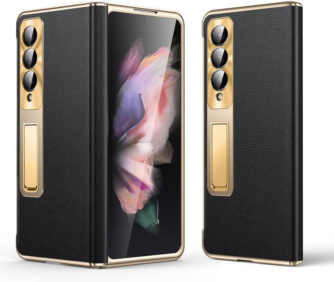 for Samsung Galaxy Z Fold 3 Case, Electroplated Frame, Luxury Leather Back, Full Magnetic Hinge Protective, Screen Protector, Metal Stand, Thin & Slim Stand Phone Cover 5G 2021, Black