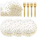 3 x 75PCS White and Gold Paper Plates Napkins Party Supplies, 7Inch Scalloped Gold Dot Paper Dessert Plates and Napkins Set Disposable Birthday Cake PlateTableware for Wedding Valentines Galentines Day