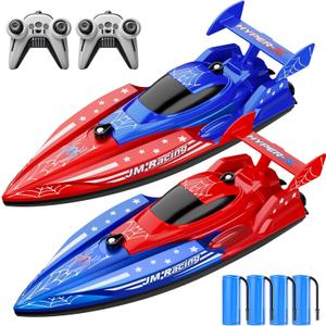 JOI MEW 2 Pack Remote Control Boat for Kids, Spider RC Boats for Kids 8-12 W/4 Batteries (100 Mins Playtime), 2.4GHz Waterproof Racing Boats for Pools & Lakes, Summer Water Toys Gift for Boys Girls, Standard