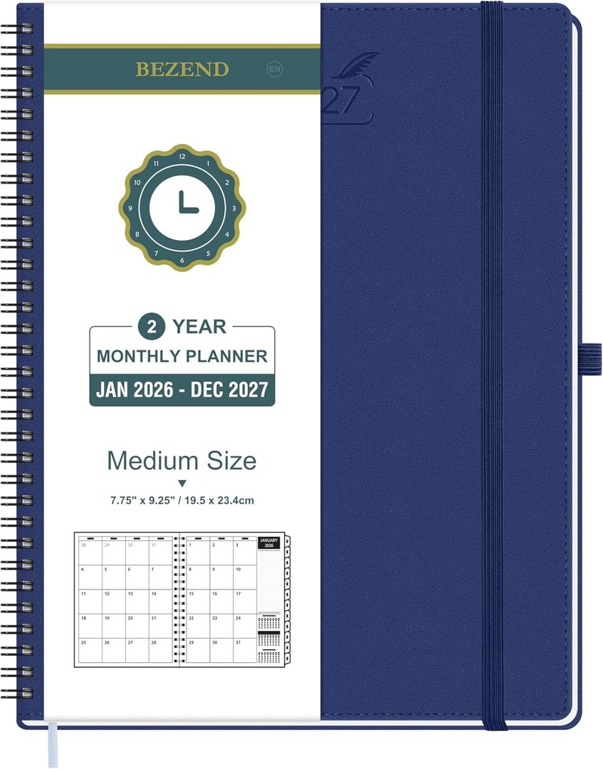 BEZEND Monthly Planner 2026-2027 (Spiral-7" x 9") 2 Year Calendar Book with Note Pages - Jan 26 to Dec 27-120 GSM Paper, Inner Pockets, Laminated Tabs, Vegan Leather Softcover - Blueberry