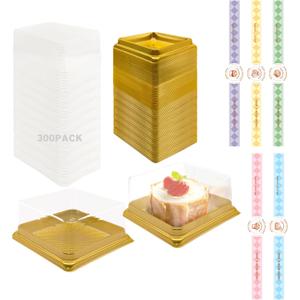 BenRan 100 Set 3.5 Inch Moon Cake Box Clear Plastic Mini Cake Cupcake Small Muffins Boxes Cake Pans with Lids Gift Dessert Containers Bonus 100 Pcs Cakes Stickers