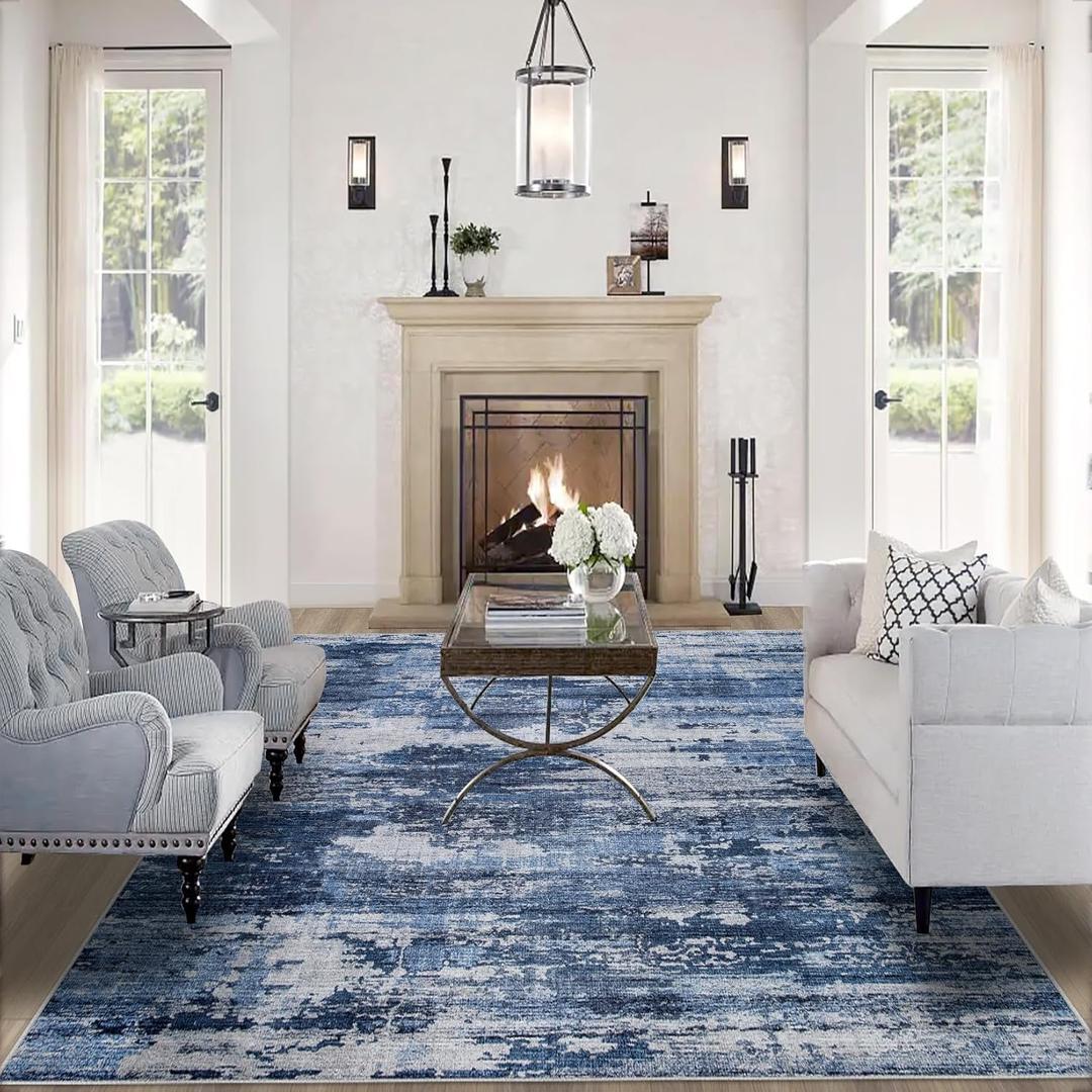8x10 Area Rugs for Living RoomLarge Machine Washable Area Rug with Non Slip Backing Non Shedding Abstract Stain Resistant Carpet for Bedroom Dining Room Nursery Home Office - Beige/Blue (8' x 10')