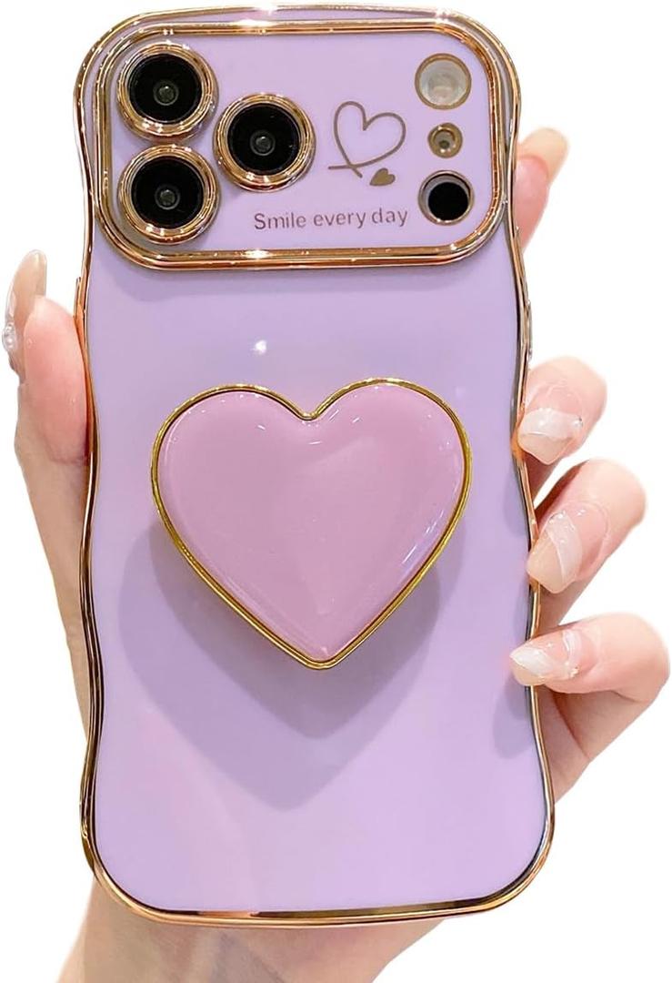 Compatible with Cute iPhone 17 Pro Max case 6.9'', Purple Wave Frame Shape Phone Case with Love-Heart Kickstand Raised Camera Protection Luxury Plating Shockproof TPU Protective Cover for Women Girls