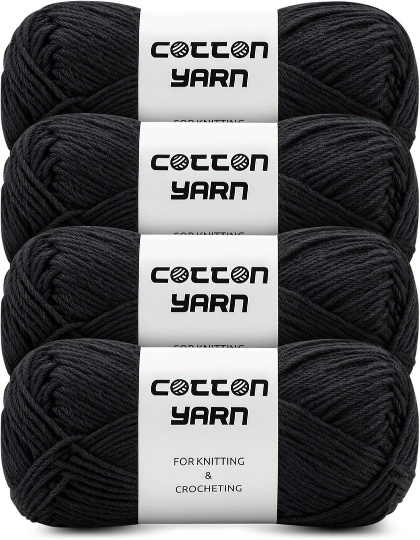 Cotton Yarn for Crocheting, 100% Soft Cotton Yarn for Knitting, 4 Skeins of 1.76oz(50g)/158.7yds(145m), Black