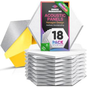 Self-Adhesive 18 Pack Hexagon Acoustic Panels, 14" X 12" X 0.4" High Density Sound Absorbing Panels, Beveled Edge Sound Proof Treatment Tiles for Walls, Studio, Door, Home, Office (White)