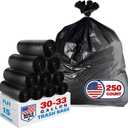 IUI 30-33 Gallon Trash Bags, 250 Count, 32 x 38" Black Garbage Bags for Home, Kitchen Waste, Lawn and Leaf, Durable & Tear-Resistant, Made in USA