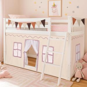 Breling 3 Panel Bunk Bed Curtains for Bottom Loft Bed Tent Set with Felt Flag Double-Layer Twin Bunk Curtains Playhouse Accessories for Boy Girl Bedroom(Cream,Classic)