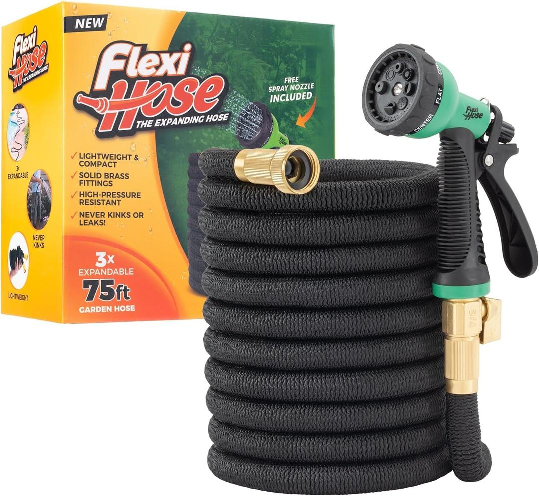 Flexi Hose Expandable Garden Hose with 8 Function Nozzle, 75FT - Lightweight Retractable Garden Hose, Water Hose - No-Kink Flexibility, 3/4 Inch Solid Brass Fittings and Double Latex Core (Black)