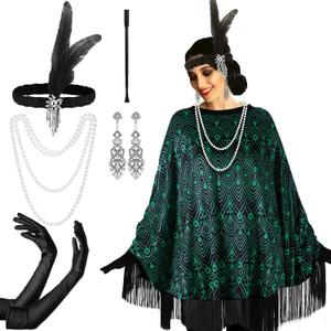 1920s Flapper Costume Accessories Set for Women - 1 Pcs Roaring 20s Outfit with Fringed Poncho, (just the cape alone)
