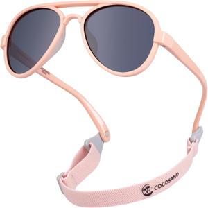 COCOSAND Baby Sunglasses with Strap Polarized Aviator Soft Silicone Nose Pads for Toddler Girls Boys Age 0-24 Months, Pink