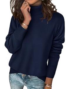 Zeagoo Women's Turtleneck Sweater Long Sleeve Spilt Hem Casual Knit Pullover Chunky Fall Winter Jumper Top 2026 Navy Blue S