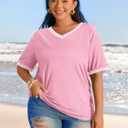 MEROKEETY Women's 2025 Short Sleeve V Neck Tee Tops Summer Color Block Loose Casual T Shirts (Pink, S)