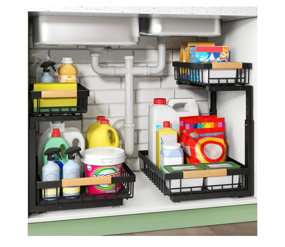 Kitstorack Under Sink Organizer, 2 Tier Under the Sink Storage, Slide out Pull out Cabinet Organizer Shelf, Metal Sliding Drawer for Kitchen Bathroom Pantry Closet Organization Rack, Black, 1 Pack