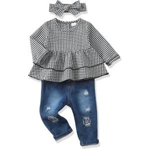 Renotemy Baby Girl Clothes Toddler Girl Clothes Outfits Infant Clothing Jeans Pants Set Cute Clothes Set for Girls (2-3T, Black White Plaid)
