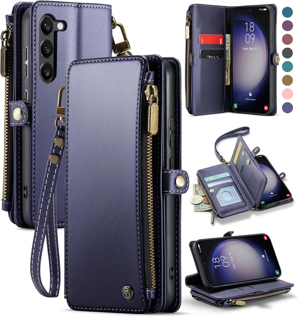 Defencase Compatible with Samsung Galaxy S23 Case Wallet with Card Holder for Women Men, PU Leather Magnetic Snap Flip Zipper Strap Wallet Phone Case Fit for Galaxy S23 5G 6.1", Blue, Fashion Dark Blue 