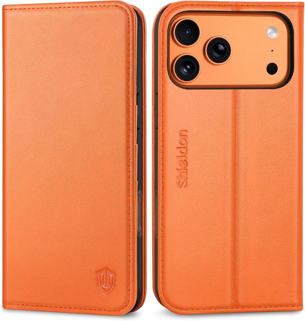 SHIELDON Real Leather Wallet Case for iPhone 17 Pro Max 6.9" 5G 2025 | Kickstand, RFID Blocking Credit Card Holder, Magnetic Closure, Folio, Shockproof Protective Phone Cover - Orange