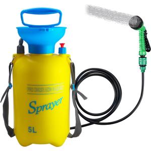 Finderomend Portable Shower for Camping with 7 Spray Modes, Hand Press Camping Shower with Removable Hose and Shower Head, Pressure Rinse Kits for Hiking Traveling Garden Beach Pet Shower (5L, Yellow)