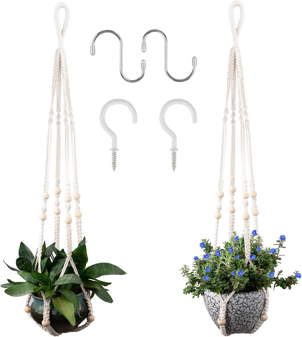 Macrame Plant Hanger for 5 to 10 Inch Plant Pots, Set of 2 Indoor Handmade 35 Inch Woven Rope Hanger Kits with Hooks and Wood Beads, Hanging Planter Basket Holder for Boho Home Decor (White, 2 Pack)